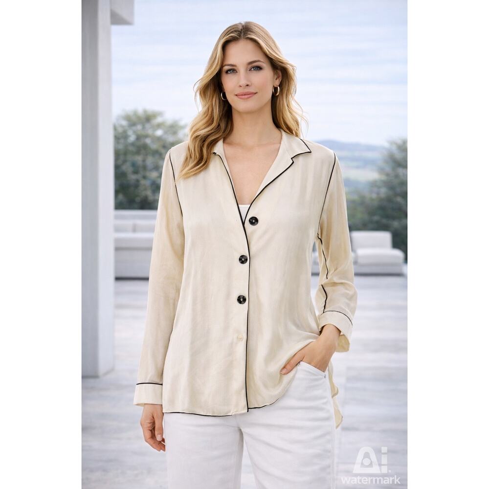 Hopestone Studio Silk Blend Blouse Women's Beige CoastalTop Lg missing button